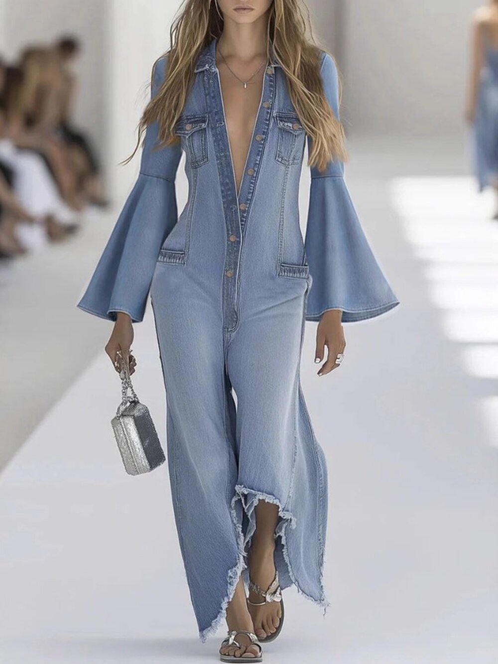 Women's Light Blue Denim-Look Jumpsuit XL – Flared Sleeve Straight Leg Romper - Picture 4 of 5